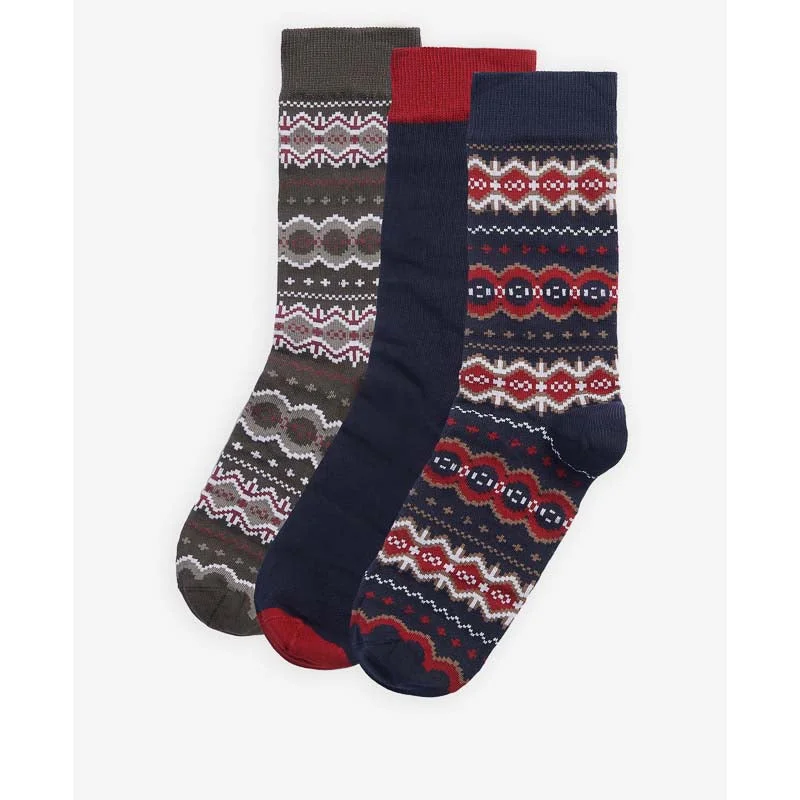 elegant socks for cocktail parties-Barbour Fairisle Mens Sock Gift Box (Set of 3) - Cranberry/Black Slate Mix