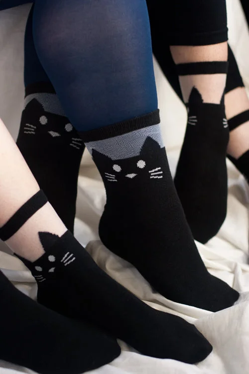 festive Easter socks for spring-Black Cat Opaque & Sheer Anklet