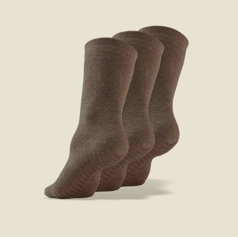 cozy socks for postpartum moms-Women's Brown Original Crew Non-Slip Socks - 3 pairs