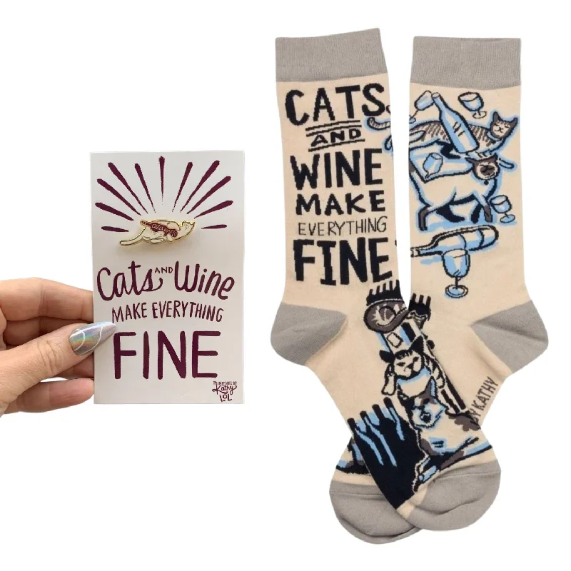 plush terry socks for cozy nights-Cats And Wine Make Everything Fine Enamel Pin and Socks Gift Set Bundle