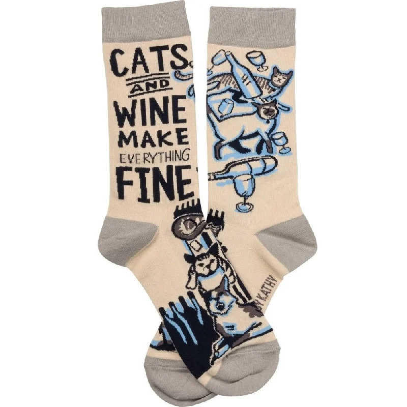 durable socks for outdoor chores-Cats And Wine Make Everything Fine Socks Funny Novelty Socks