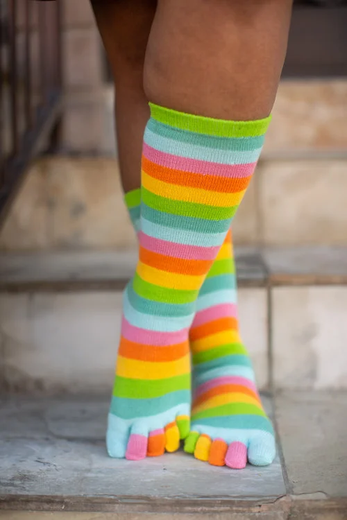 thick socks for motorcycle boots-Citrus Stripe Rainbow Toe Socks