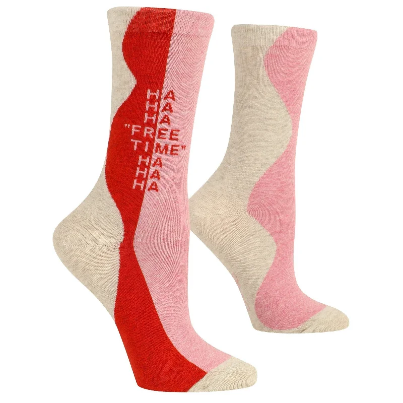 eco-friendly socks for minimalists-Free Time Ha Ha Ha Women's Crew Novelty Socks in Red and Pink | BlueQ at GetBullish