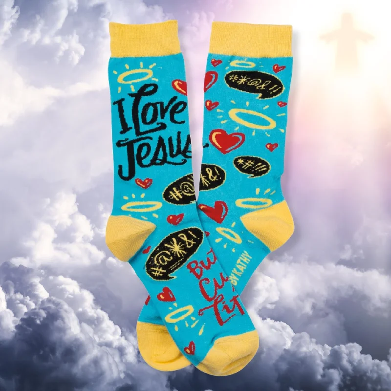 breathable ankle socks for hiking-I Love Jesus But I Cuss a Little Crew Socks in Blue and Yellow