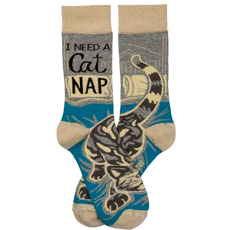 breathable wool socks for fall-I Need A Cat Nap Crew Funny Novelty Socks