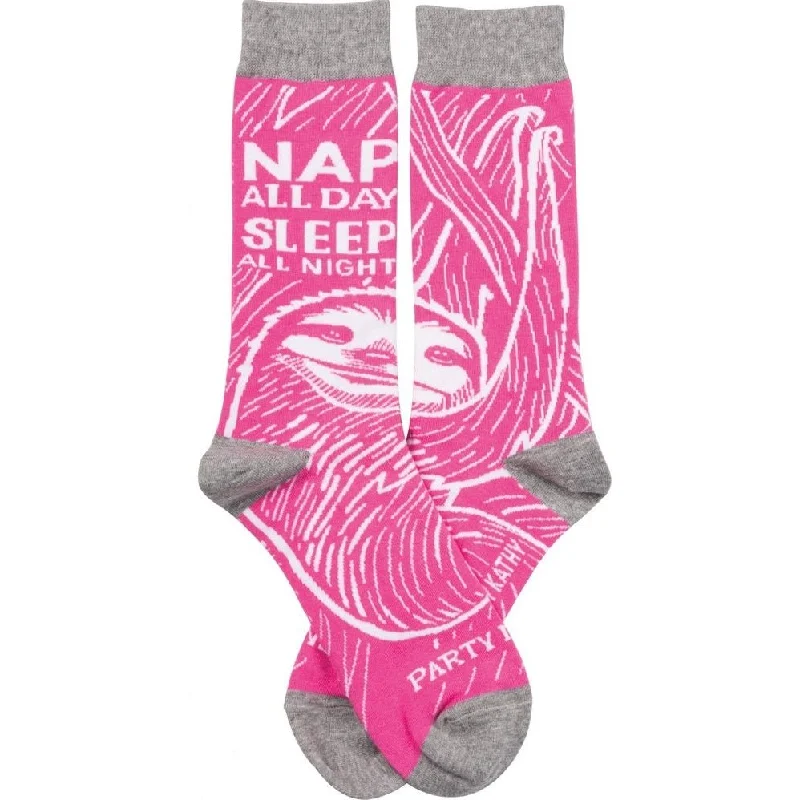 breathable socks for office wear-Nap All Day, Sleep All Night, Party Never Sloth Pink Funny Novelty Socks