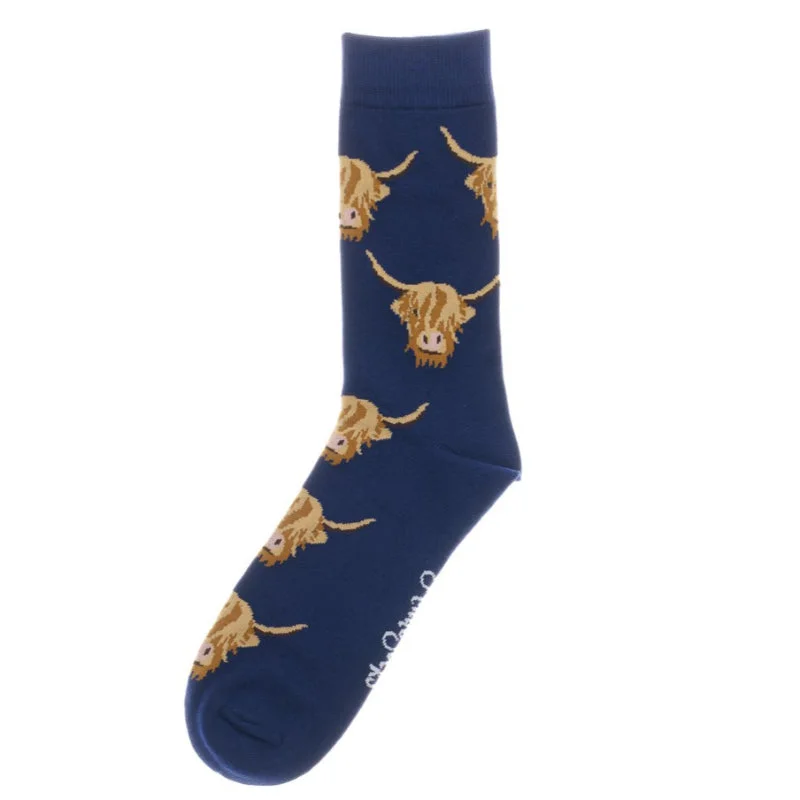 thick thermal socks for fishing-Shuttle Socks - Navy Highland Cow