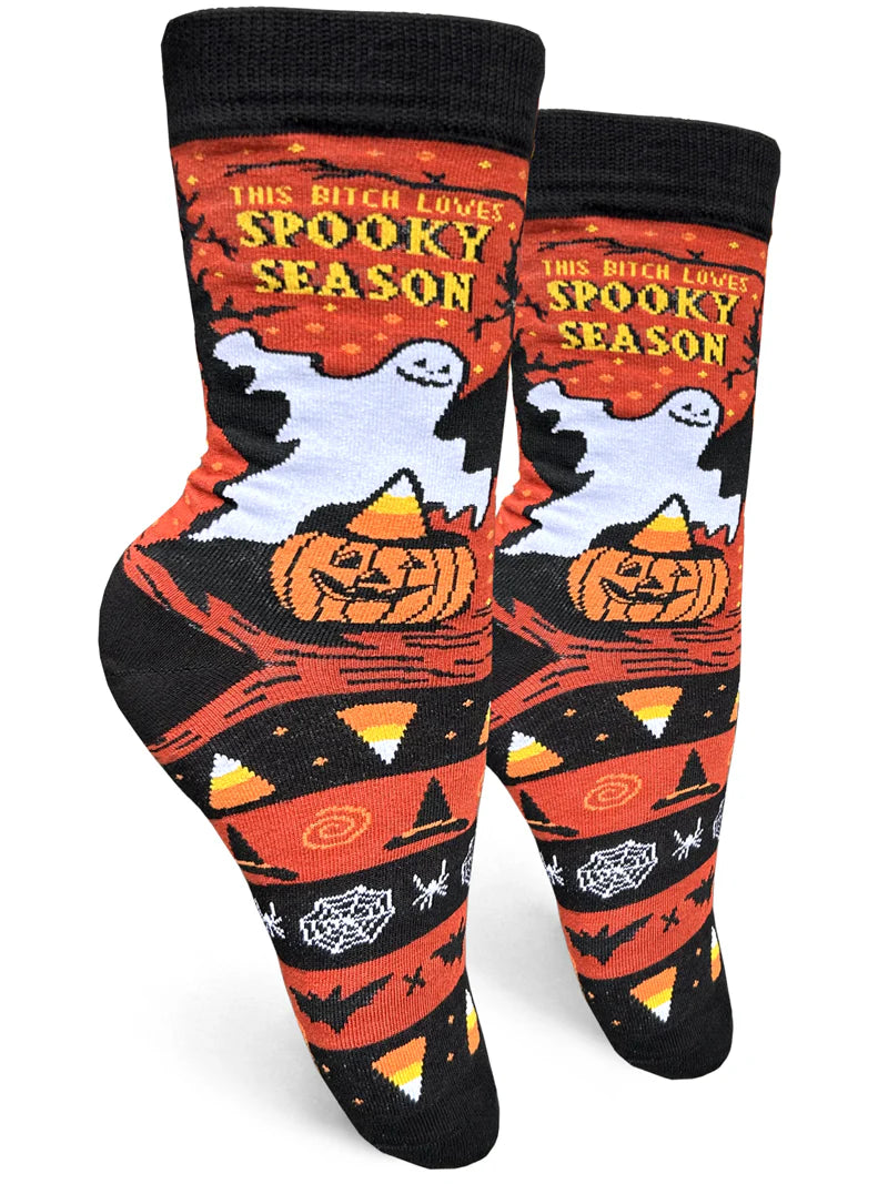 colorful socks with fruit prints-This Bitch Loves Spooky Season Crew