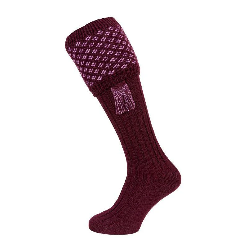 breathable ankle socks for sandals-William Powell Boughton Mens Merino Shooting Socks with Garters - Mulberry/Lilac