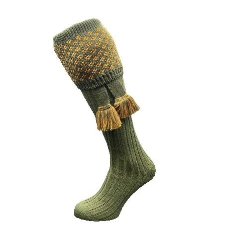 extra-wide socks for swollen feet-William Powell Boughton Mens Merino Shooting Socks with Garters - Spruce/Ochre