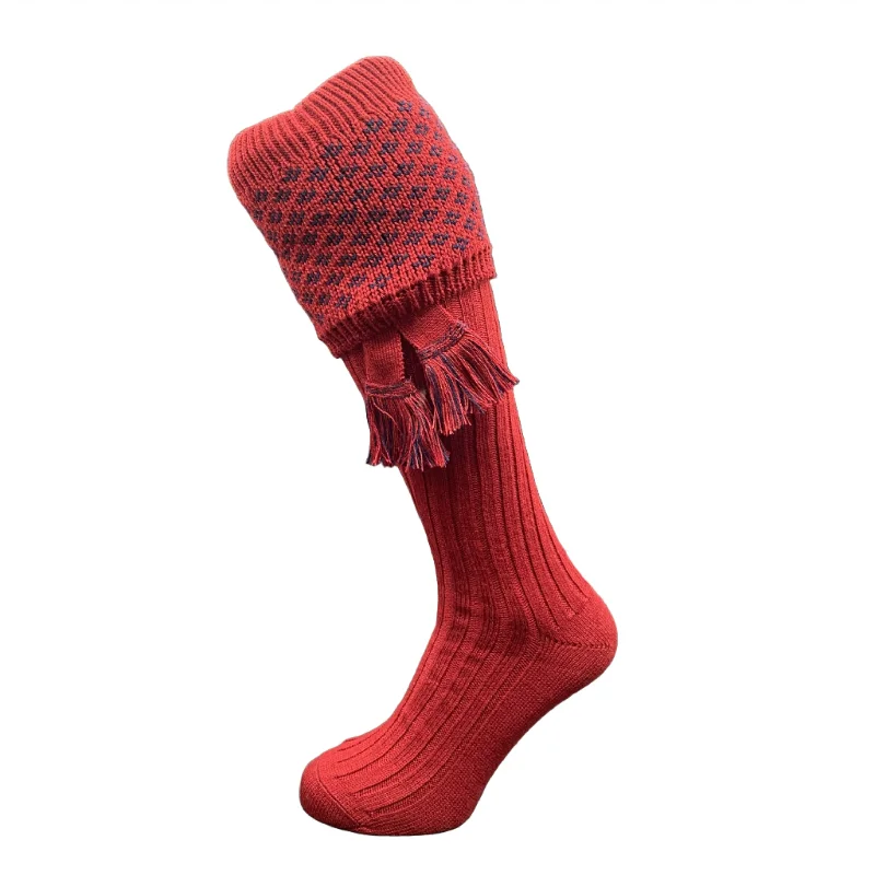 breathable socks for tropical climates-William Powell Boughton Mens Merino Shooting Socks with Garters - Brick Red/Navy