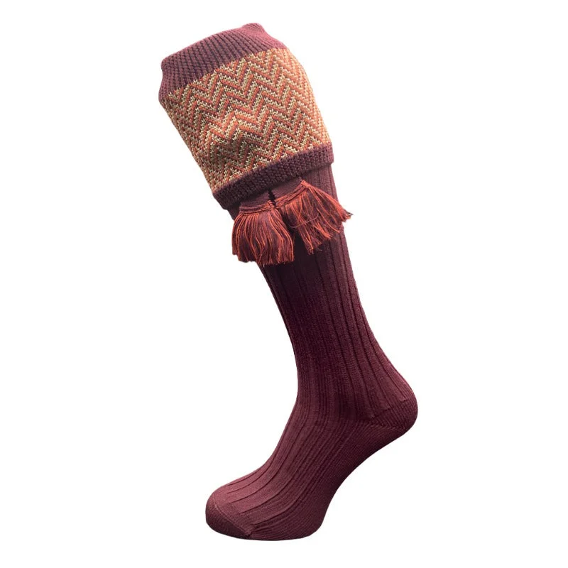 anti-sweat socks for hot climates-William Powell Herringbone Mens Merino Mix Shooting Socks with Garters  - Mulberry