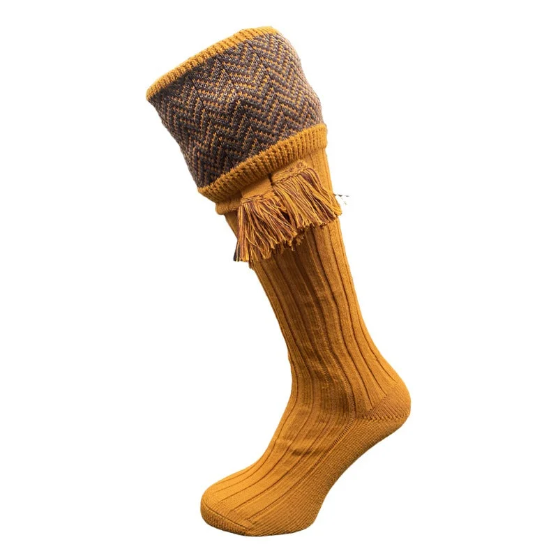 trendy checkered socks for fashion-William Powell Herringbone Mens Merino Mix Shooting Socks with Garters  - Ochre