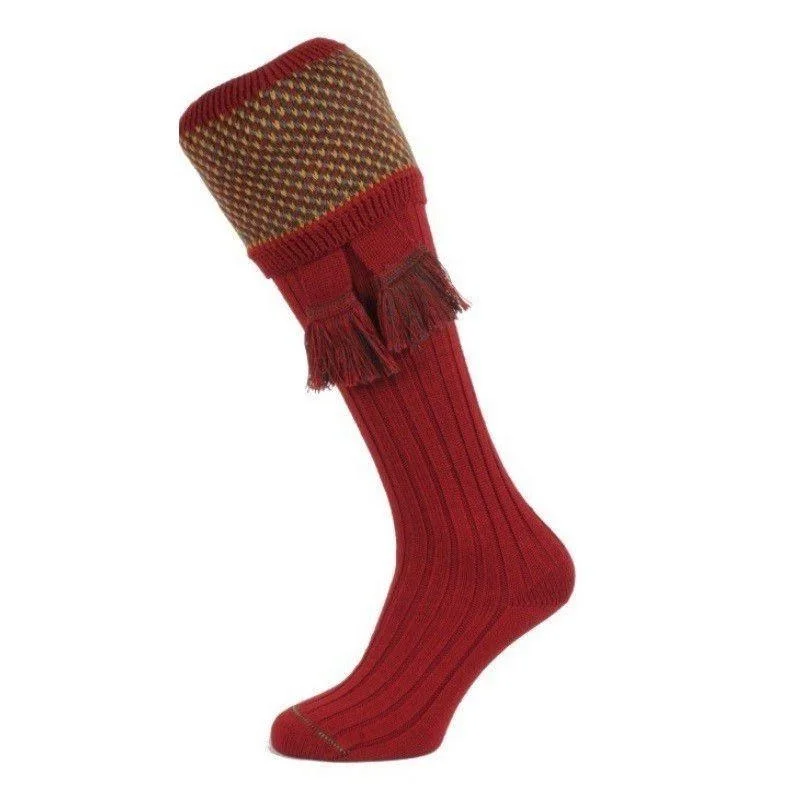 thick socks for snowboarders-William Powell Tayside Mens Merino Shooting Socks with Garters - Brick Red