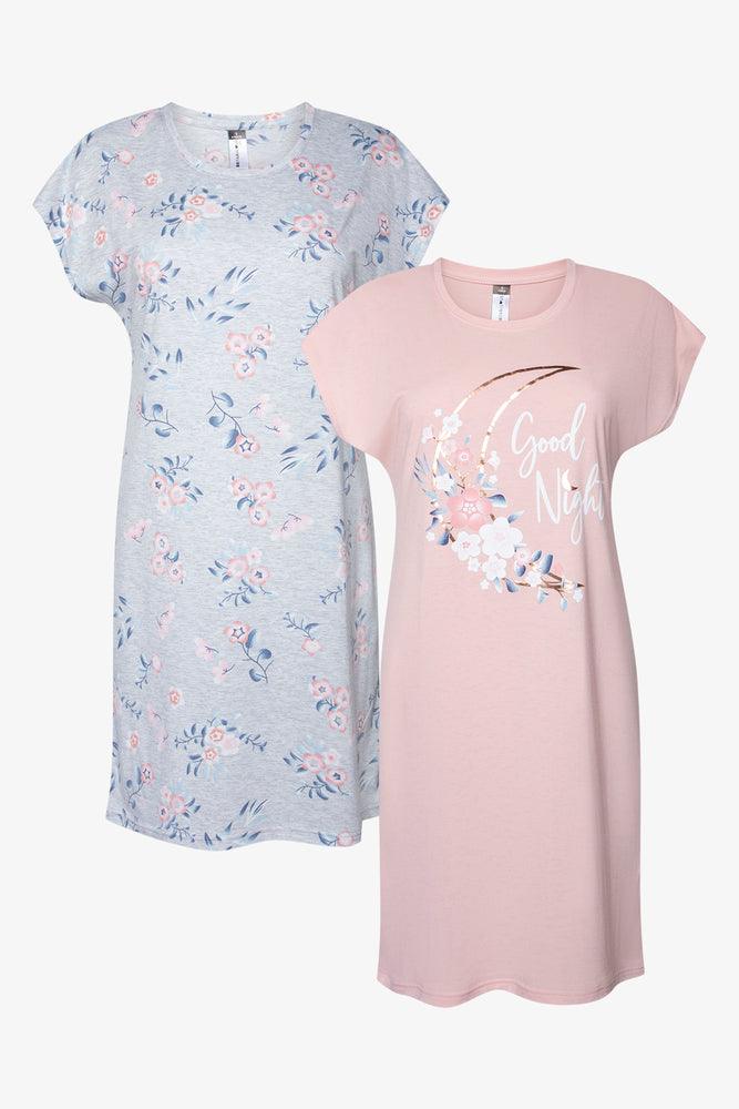 warm pajamas for arctic nights-2 Pack Moon With Flowers Good Night Sleep Shirts Pink