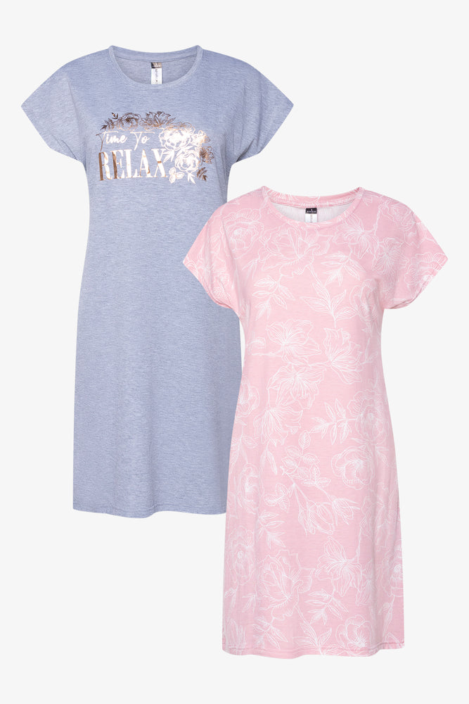 thin pajamas for tropical nights-2 Pack Time To Relax Sleepshirts Grey And Pink