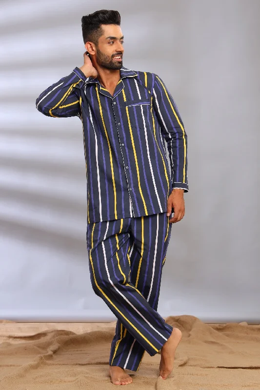 cute penguin pajama pants-Blue and Yellow Stripes Pajama Set for Men