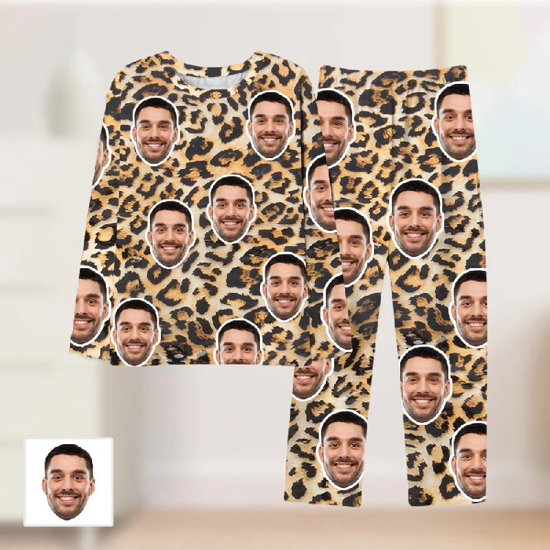 breathable cotton pajamas for yoga-Custom Face Leopard Men Woman Pajamas Sleepwear Sets Personalized Gifts for Him Her