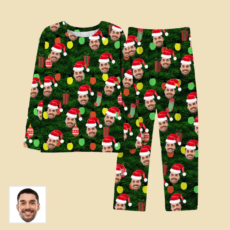 thick pajamas for icy weather-Custom Face Pajamas Green Sleepwear For Couple With Christmas Hat