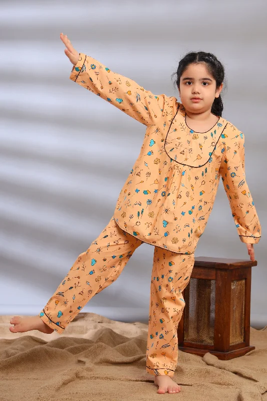 thick pajamas for snowstorms-Delicate Petals Kurti Style Pajama Set for Girls