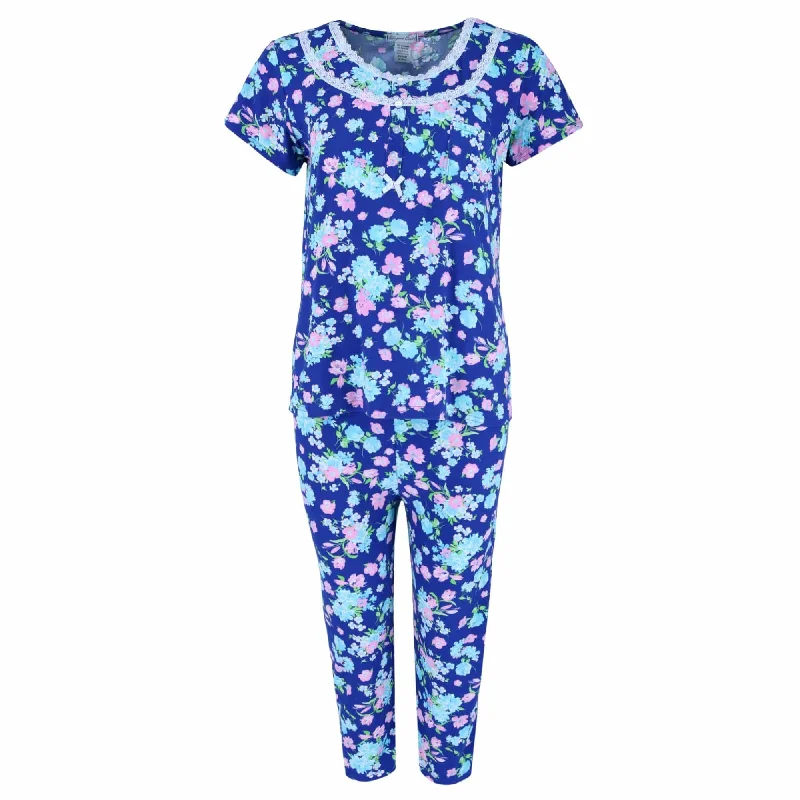 fun dinosaur pajama shorts-Elegant Emily Women's Blue Floral Capri Sleep Set