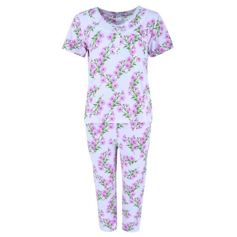 trendy metallic pajama sets-Elegant Emily Women's Floral Capri Sleep Set