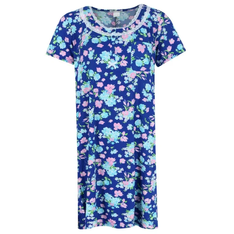 supportive pajama tops for sleep-Elegant Emily Women's Plus Size Floral Henley Short Sleeve Sleep Gown