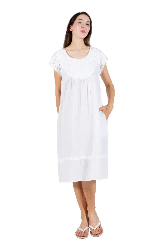 durable pajamas for outdoor sleep-Embroidered Cotton Gauze Nightgown