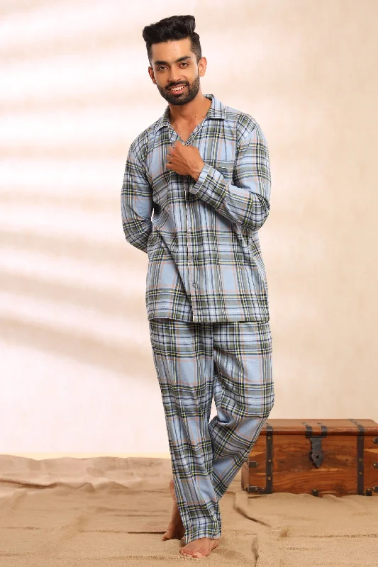 warm pajamas for arctic nights-Light Blue Checks Pajama Set for Men