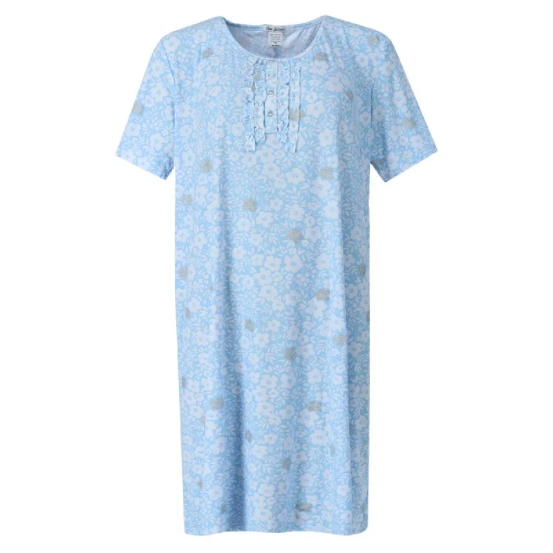 warm pajamas for camping retreats-Miss Lillian Women's Plus Size Flower Henley Short Sleeve Sleep Gown