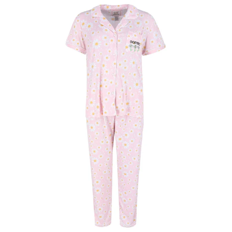 cozy cabin pajamas with patterns-Sleep, plz Women's Plus Size Daisy Ribbed Notch Short Sleeve Pajama Set