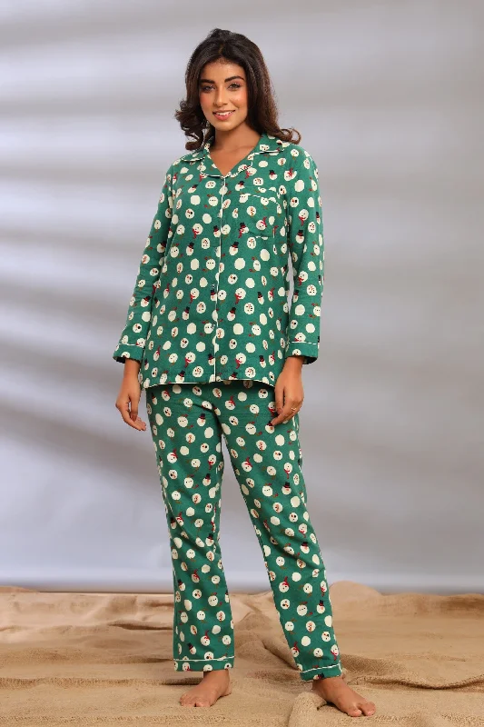 extra-wide pajamas for comfort-Snowman Print Notched Collar Pajama Set