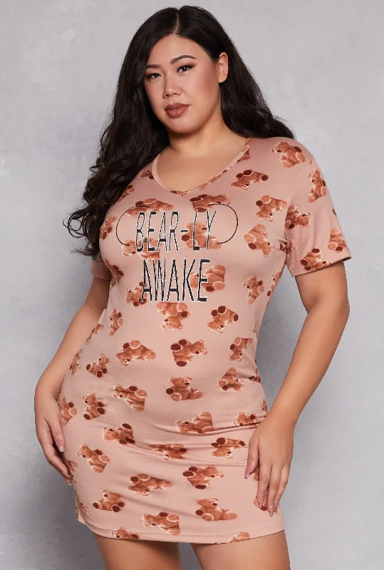 durable pajama sets for travel-Plus Size Bearly Awake Sleepshirt