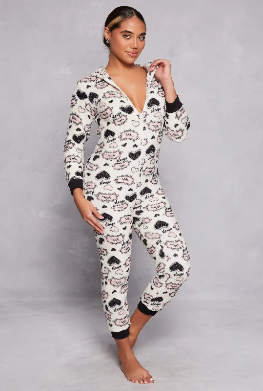 moisture-wicking pajamas for runners-Plush Heart Sleep Graphic Hooded Pajama Onesie