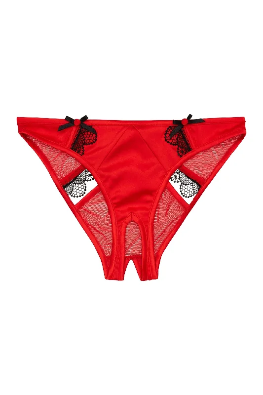 warm briefs for camping nights-Arlene Red Satin Black Lace Ouvert Brief