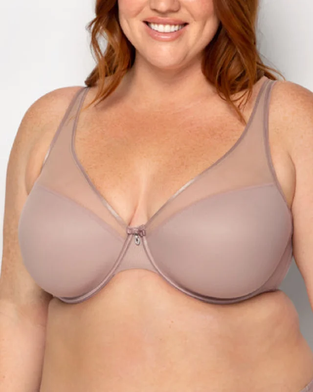 eco-friendly thong for green living-Curvy Couture Sheer Mesh Plunge Underwire Bra (More colors available) - 1310 -Bark