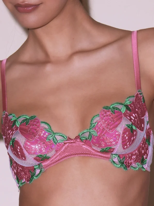 eco-conscious panties with recycled fabric-Fleur du Mal: Strawberry Embroidery Denim Bra - Pink