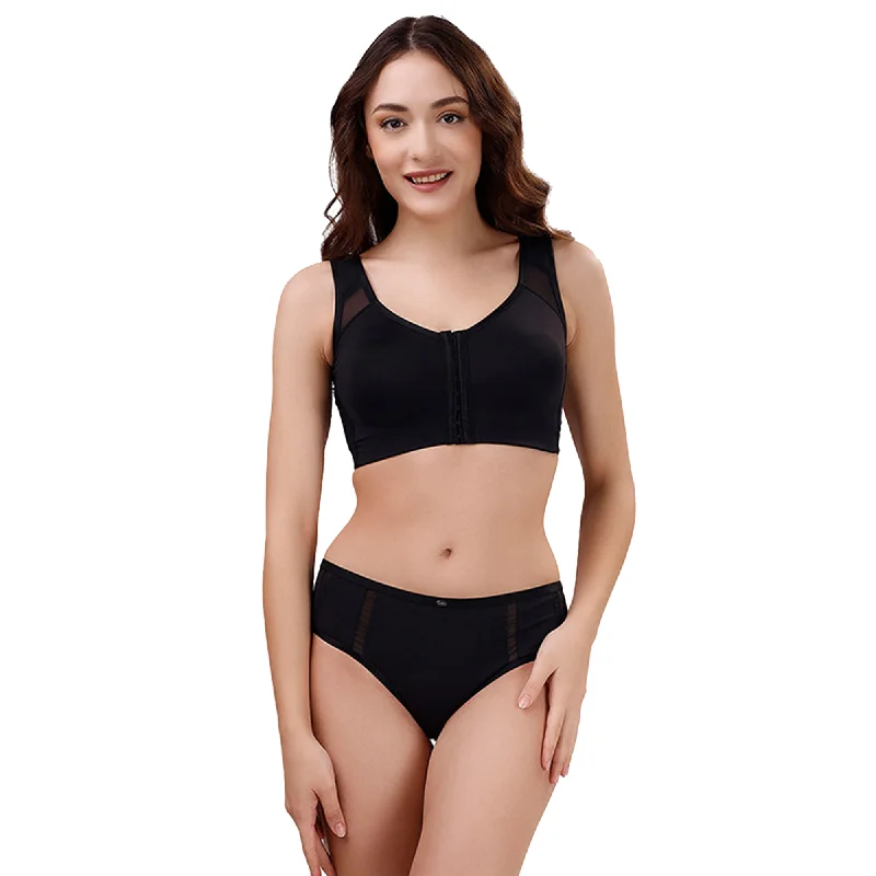 durable women’s underwear for sports-Front Closure Full Coverage Non Padded Non Wired Bra with High Waist Full Coverage Ultra Soft Mesh Panel Brief- Set CB-334/ CP-1328