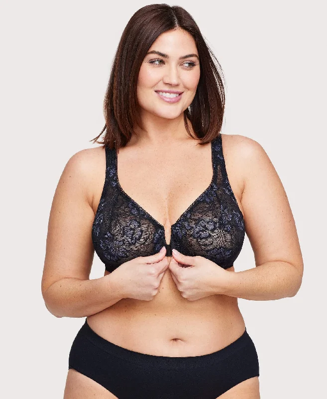 cozy Modal underwear for winter-Front-Closure Lacey T-Back WonderWire Bra Black