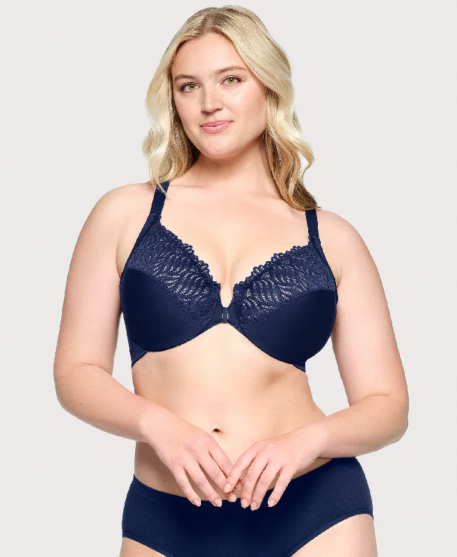 warm underwear for ski trips-Front-Closure T-Back WonderWire Bra Blue