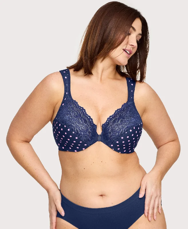 breathable cotton panties for workouts-Front-Closure WonderWire Bra Navy Print