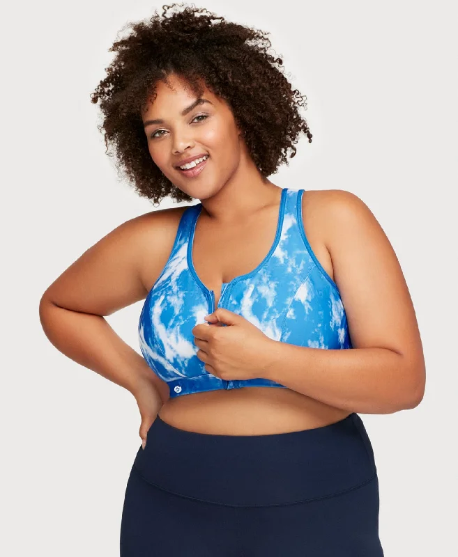 seamless briefs for bodycon skirts-Front-Closure Zip Up Sports Bra Blue Tie-Dye