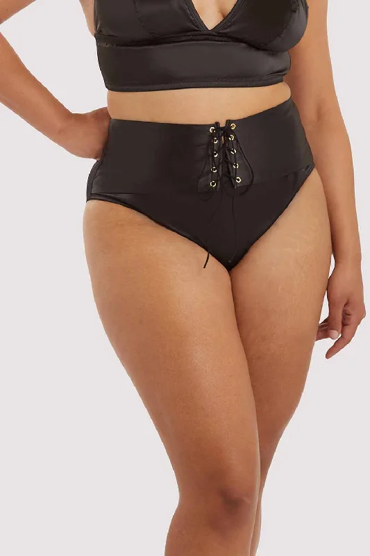 cozy underwear for postpartum care-Eagan Black Satin High Waist Knicker