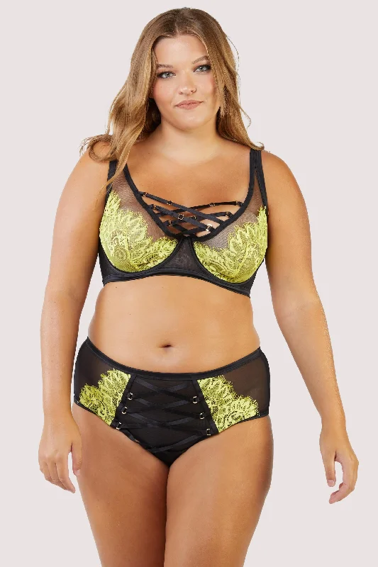 quirky panties with funny quotes-Kylie Black/Lime Lace Up High Waist Knicker