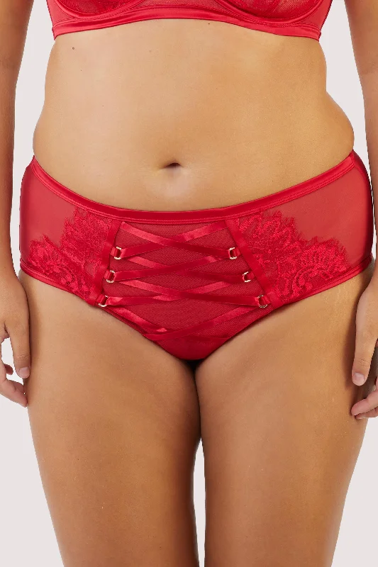 eco-conscious panties with recycled fabric-Kylie Red Lace Up High Waist Knicker