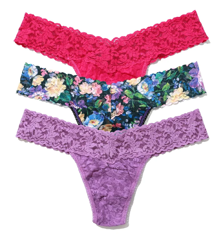 eco-conscious panties with recycled fabric-Hanky Panky 3-PACK Signature Lace Low Rise Thong (49113PK) - Dream Garden