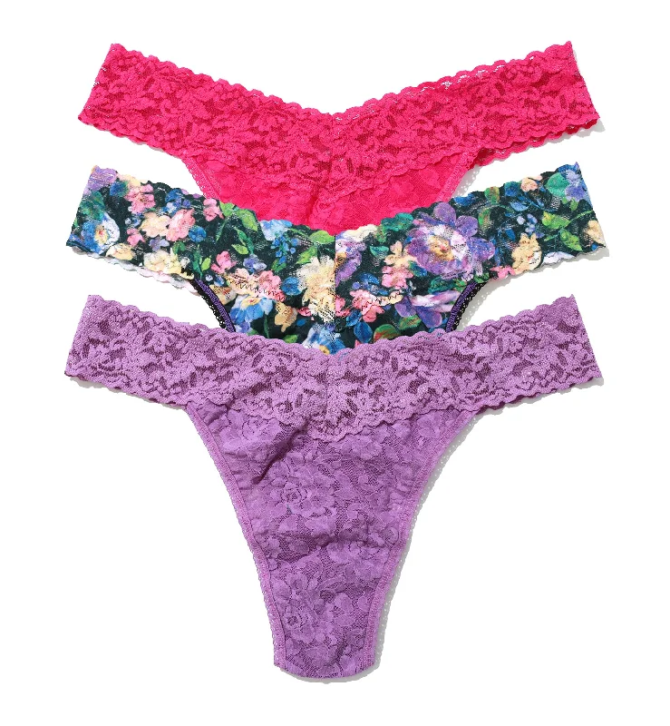 stylish panties with animal prints-Hanky Panky 3-PACK Signature Lace Original Rise Thong (48113PK) - Dream Garden