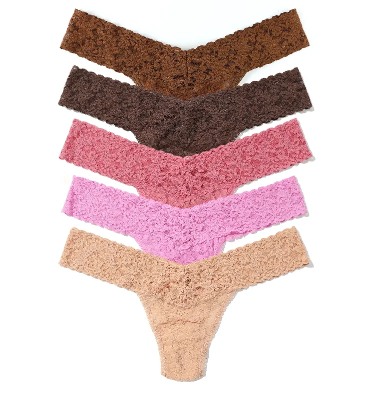 warm underwear for ski trips-Hanky Panky 5-PACK Signature Lace Low Rise Thong (49115PK) - Outline