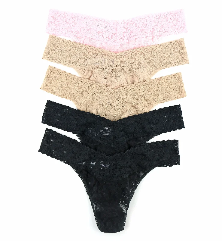 retro polka dot panties-Hanky Panky 5-PACK Signature Lace Original Rise Thong (48115PK) - Black/Chai/Bliss Pink