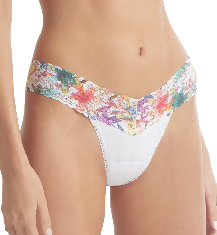 cute emoji panties for teens-Hanky Panky Cotton-Spandex Low Rise Thong (891582P) - White/Still Blooming